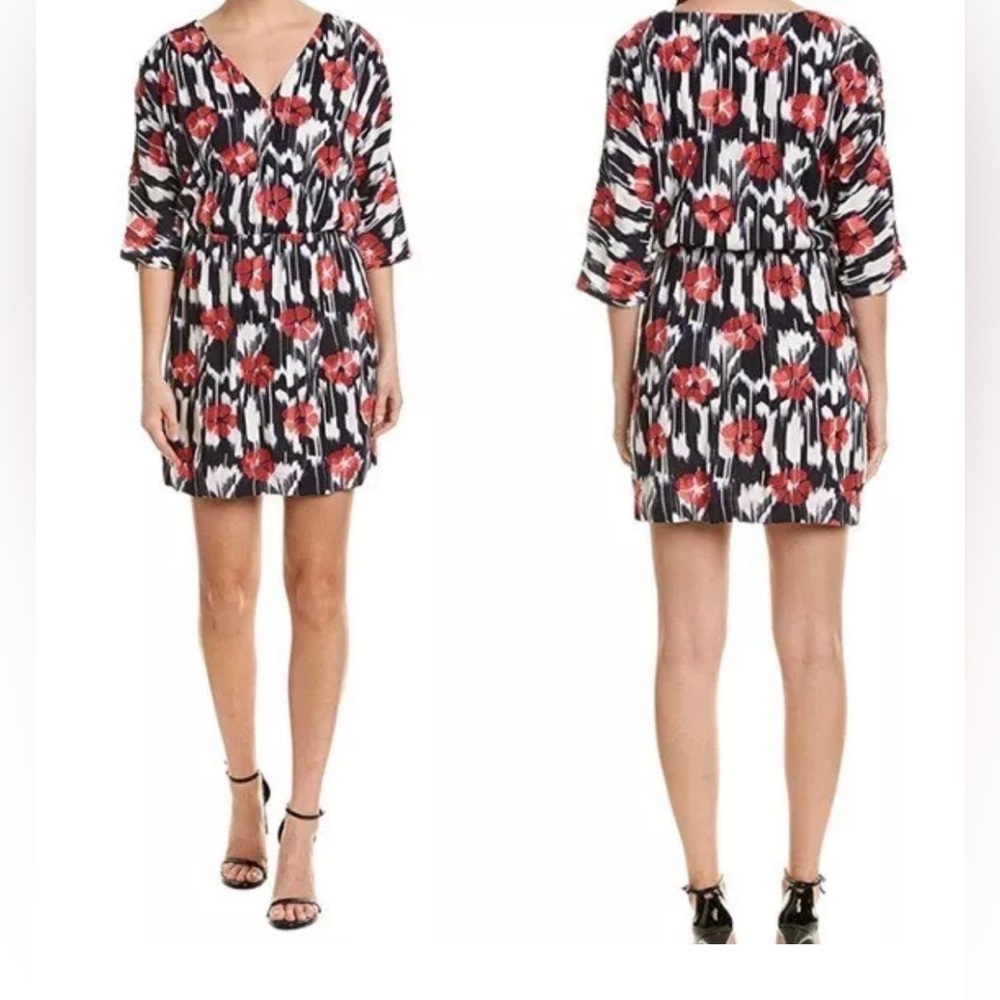 Trina Turk Sheath Dress Size Small Red Navy Poppy Floral Embroidered V Neck